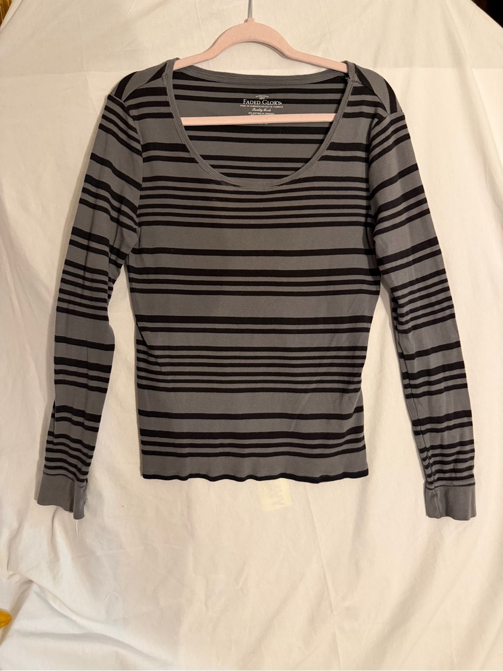 #569 Faded Glory Gray & Black Striped Long-Sleeve Scoop Neck Top